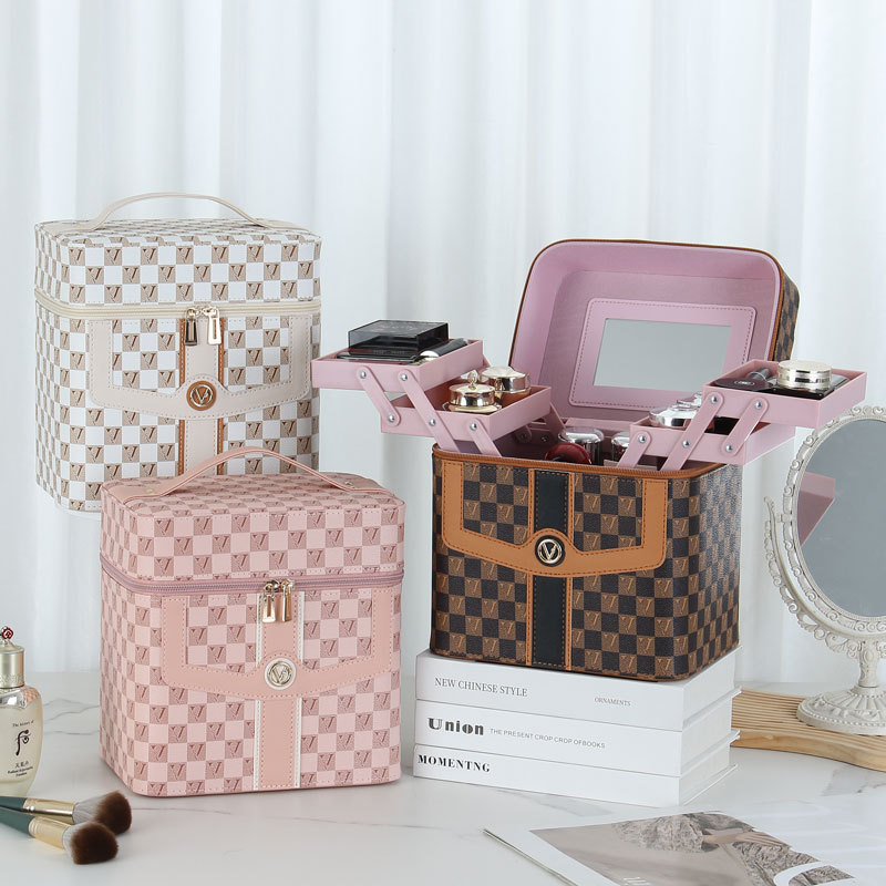 Cross-border V-shaped grid makeup box, portable skin care product storage bag, high-end women's portable multi-functional large tool box full figure