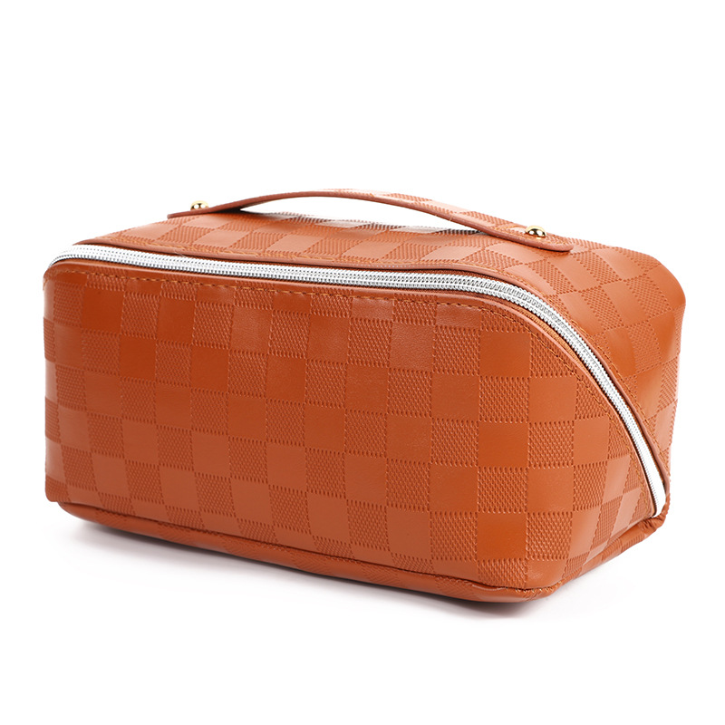 Ladies' PU leather simple checkered hand-held portable waterproof storage bag, large-capacity travel toiletries storage bag Item Picture