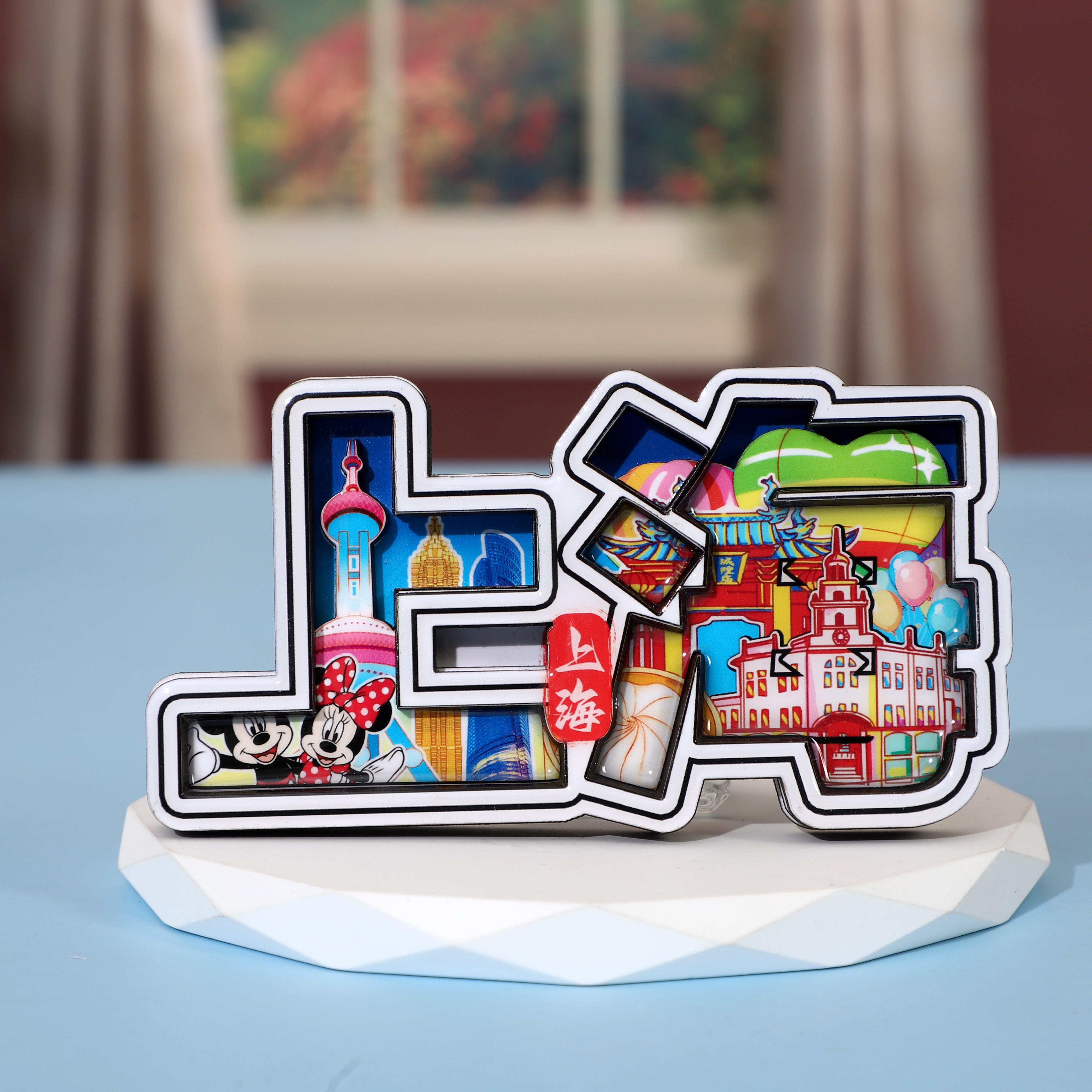 Factory-customized Shanghai tourism refrigerator stickers, cultural and creative travel souvenirs, wooden epoxy resin blackboard, circular rotating refrigerator stickers details Picture