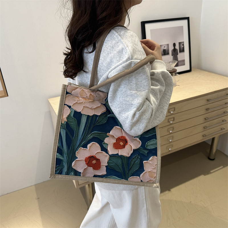 Large-capacity linen commuter bag, 2024 new single-shoulder tote bag, ethnic style student hand-held class handbag Specification drawing