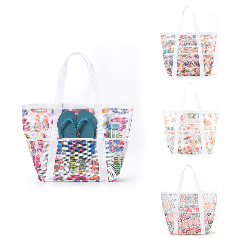 Cross-border resort-style beach bag, multi-pocket, foldable, large-capacity beach bag, mesh handbag, seaside storage bag full figure