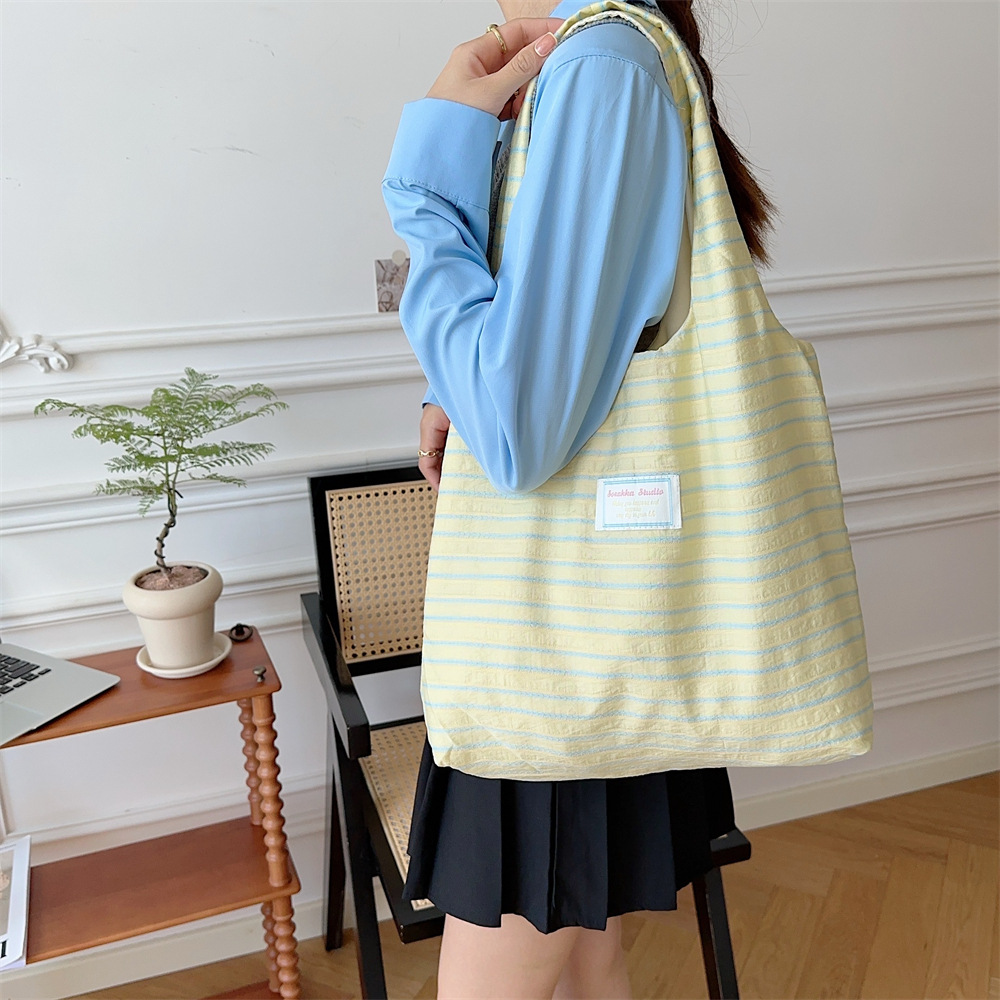 3921 striped vest canvas bag for girls, summer student, bookseller, shoulder, large capacity tote bag, shopping bag full figure