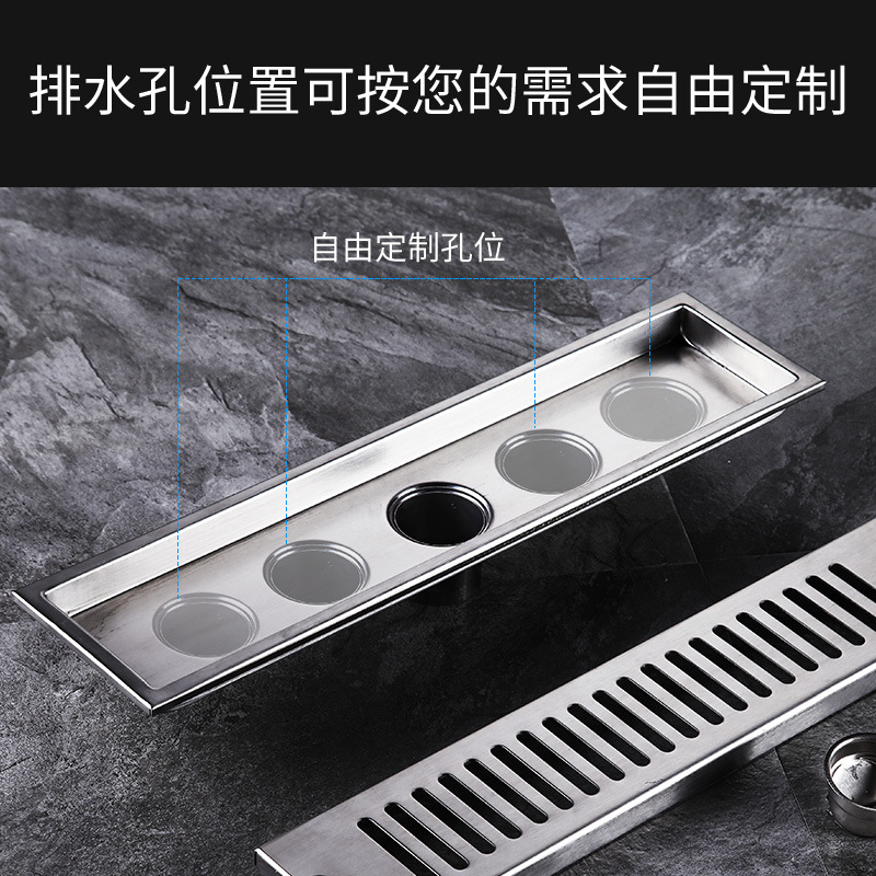 SUS304 stainless steel rectangular floor drain thickening project: Large flow middle side drainage anti-odor floor drain for hotel shower room Specification drawing