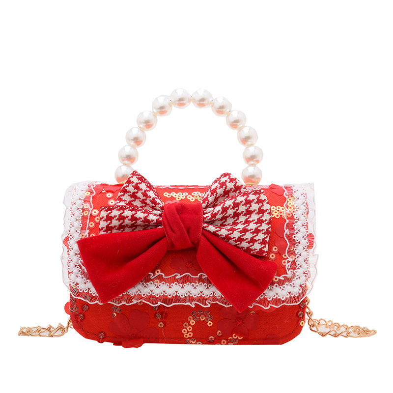 2024 red bag, fashionable princess accessory bag, bow pearl handbag, stylish children's crossbody bag Item Picture