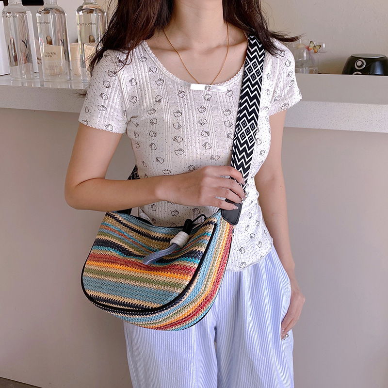 Fashionable rainbow straw woven bag for women, 2025 new style fashionable underarm single-shoulder bag, versatile large-capacity commuter crossbody bag Specification drawing