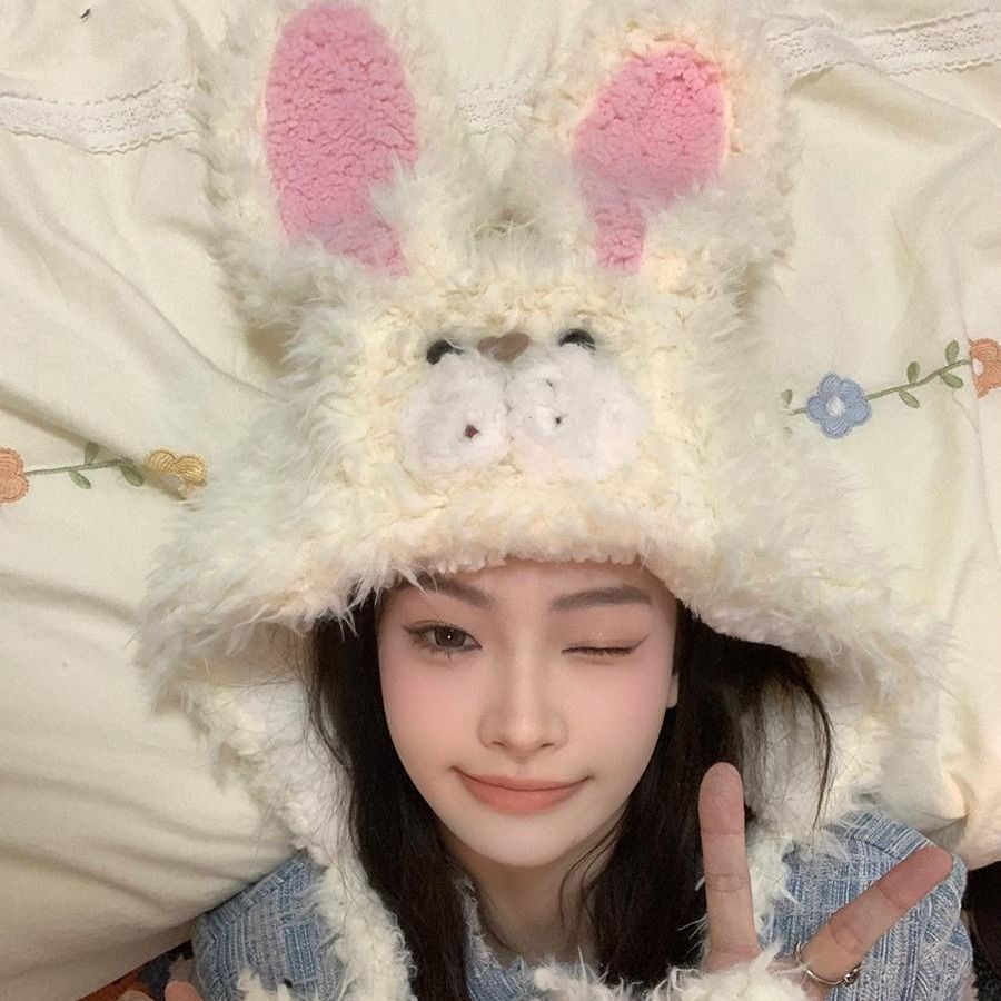 Low-price in-stock, instant delivery of cute plush rabbit ear pullover hats, sweet thickened warm furry ear-protecting Lei Feng hats Specification drawing