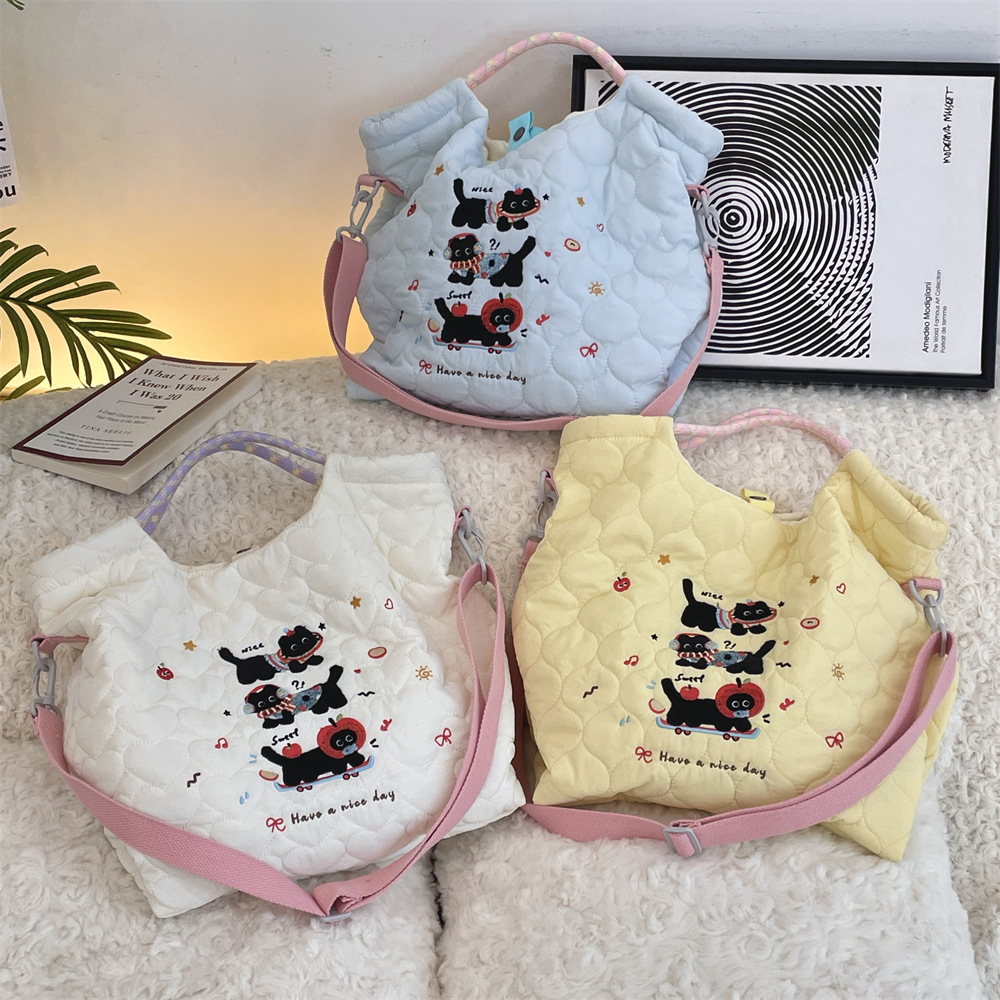 49272 Winter Embroidered Little Black Cat Cute Handbag, large capacity single-shoulder crossbody bag quilted with cotton full figure