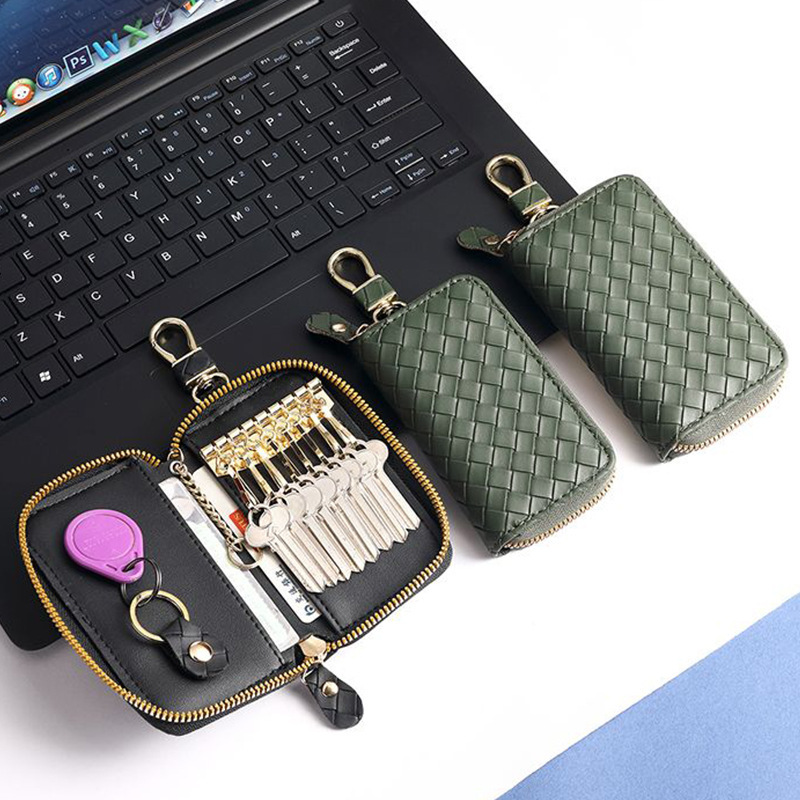 Internet-famous woven car key case, men's genuine leather key cover, light luxury waterproof women's large-capacity zipper key case details Picture