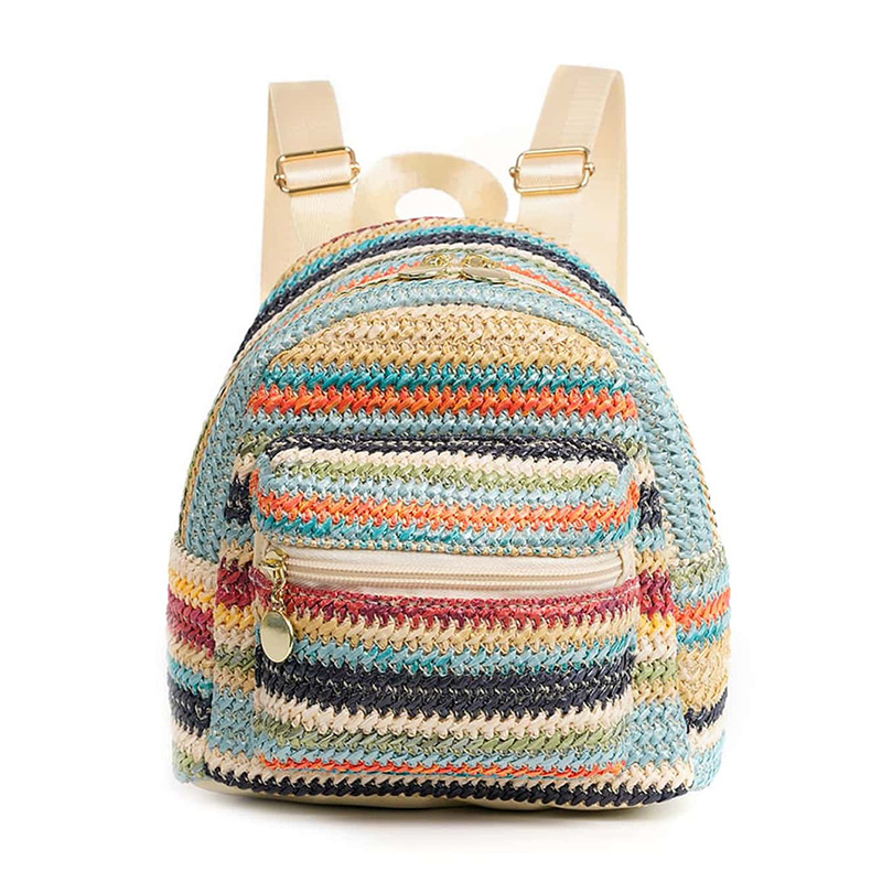 New ethnic style backpack for women, double-zipper casual and personalized straw woven backpack details Picture