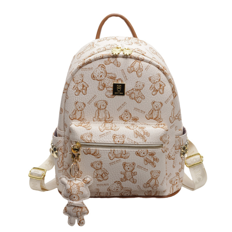 A high-end printed backpack for casual women's trade, a niche design with riveted printed bear PU soft leather bag for women Item Picture