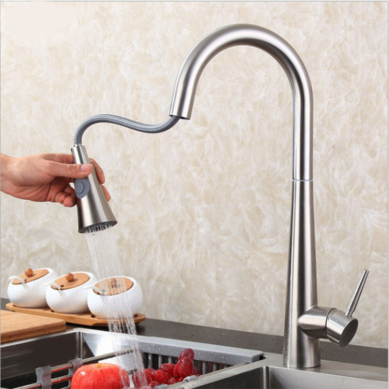 304 stainless steel pull-out kitchen hot and cold water faucet, sink basin, two-position water outlet pull-out faucet details Picture