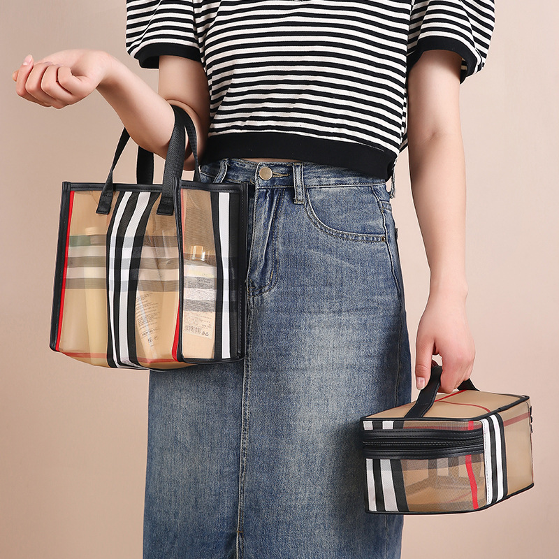 Waterproof striped mesh storage bag, PVC transparent cosmetic bag, travel beach bag, cosmetic bag, large capacity, high-end feel Specification drawing