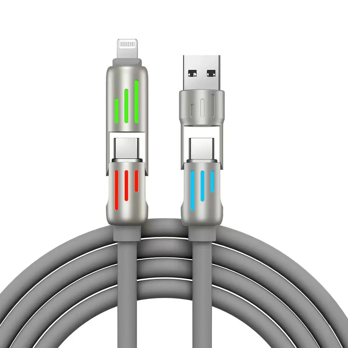 Energy light column four-in-one light-emitting data cable Silicone fast charging cable for car screen projection, suitable for Apple 15, Huawei and Xiaomi Application Scenario