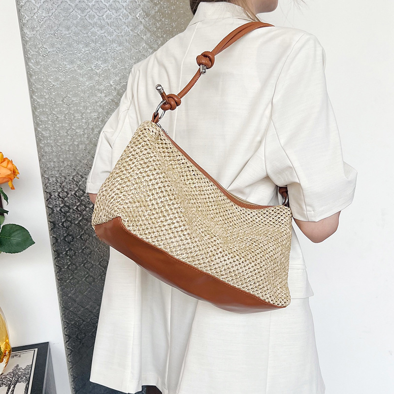 Textured, large-capacity tote bag, single-shoulder bag, 2025 new style, fashionable and retro straw woven underarm bag details Picture