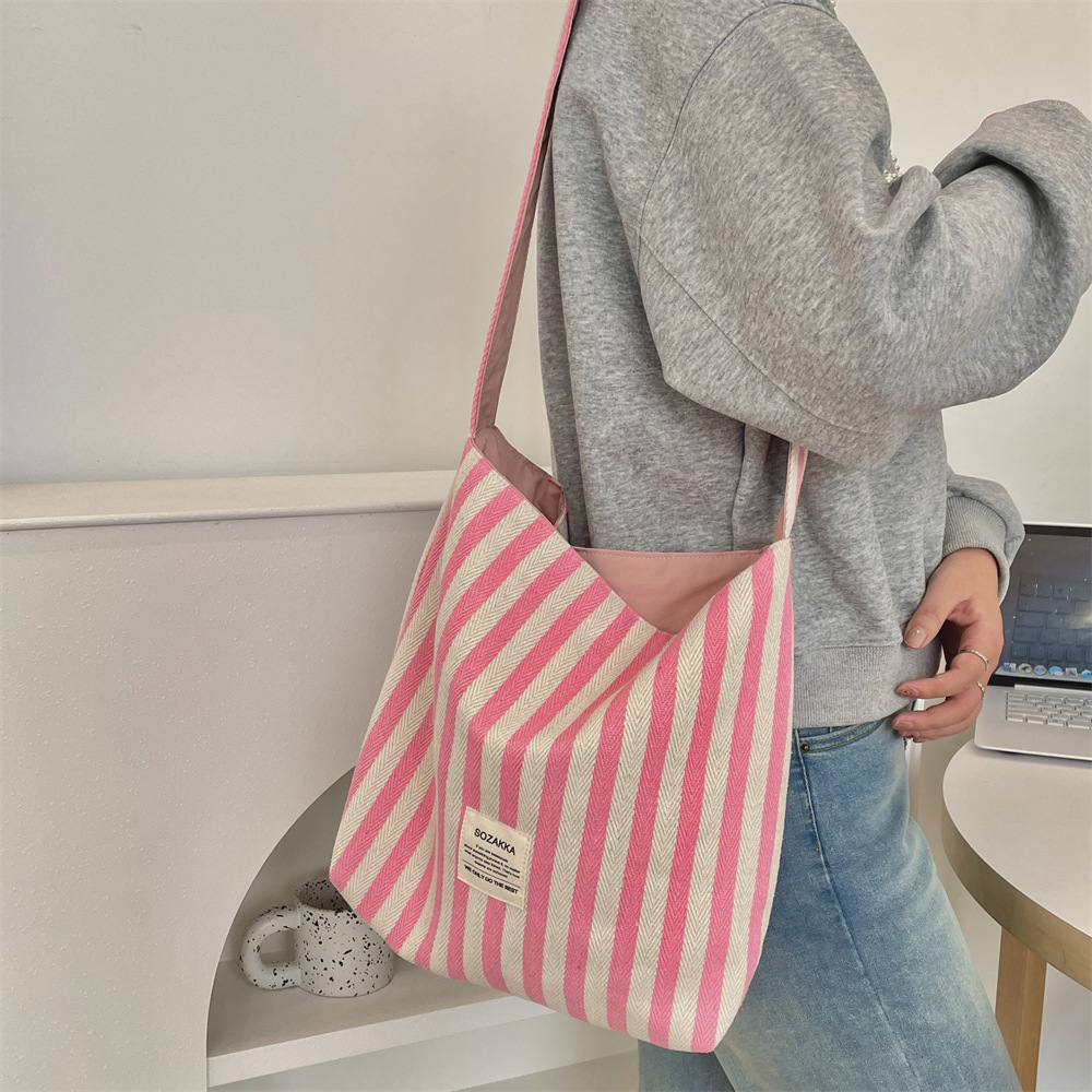 48302 canvas bag for women, trendy striped fashion, versatile shoulder bag, one for shopping, and a commuting shoulder bag details Picture