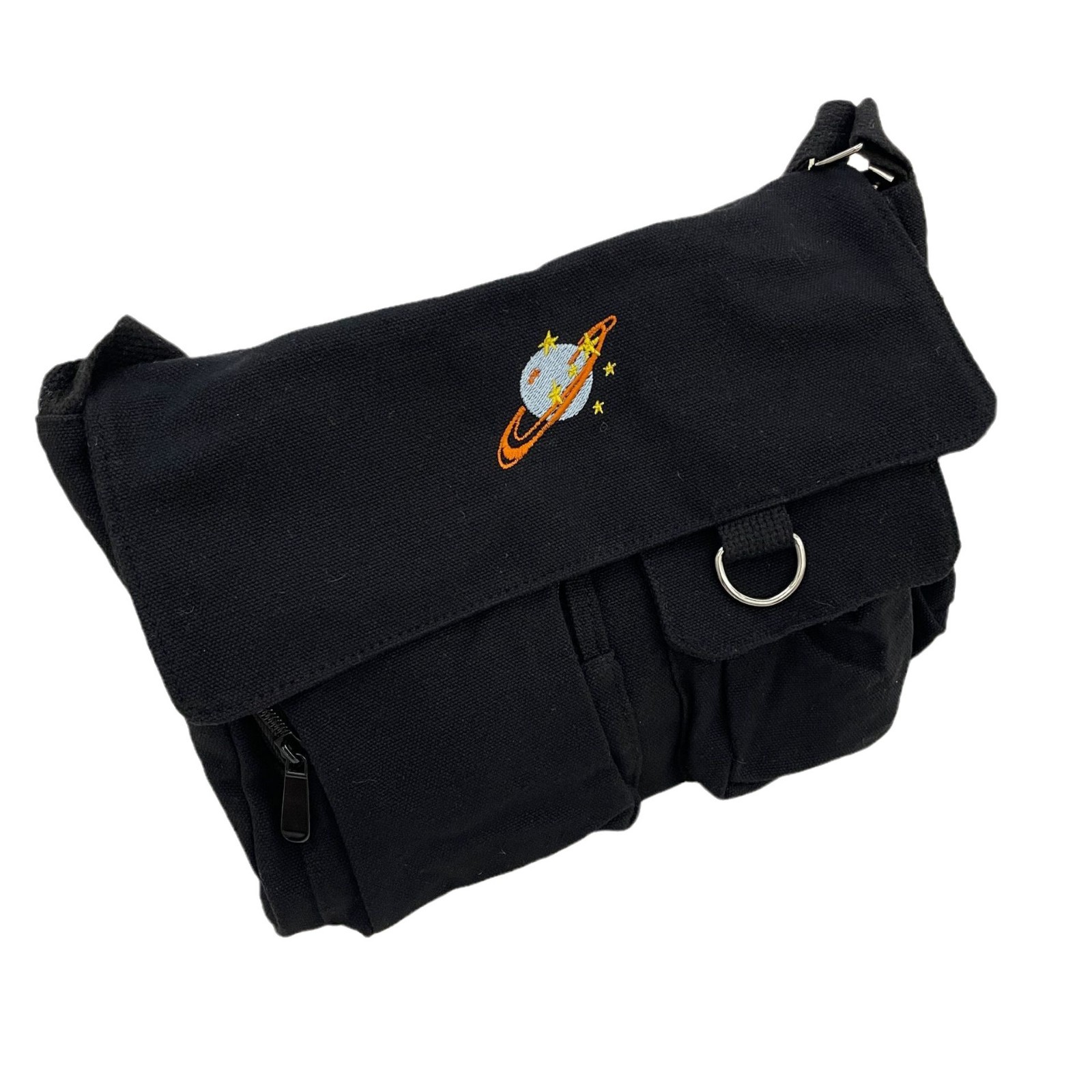 99233 Korean-style simple solid color cartoon pattern multi-pocket bag, single-shoulder canvas bag, commuting crossbody bag for work Item Picture