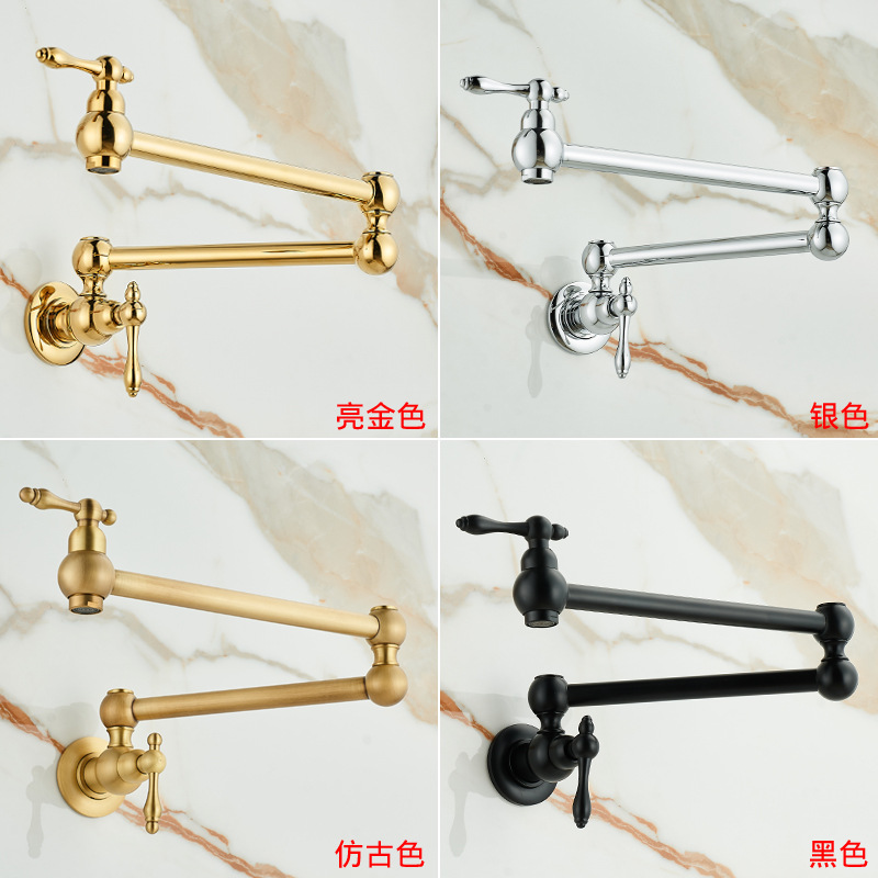All-copper kitchen faucet, rotating and folding double-opening wall-mounted telescopic single-cooling sink and washbasin faucet full figure