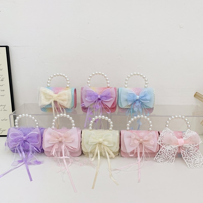 New children's bag, fashionable pearl handbag, cartoon cute bow shoulder bag, chain crossbody small bag Specification drawing