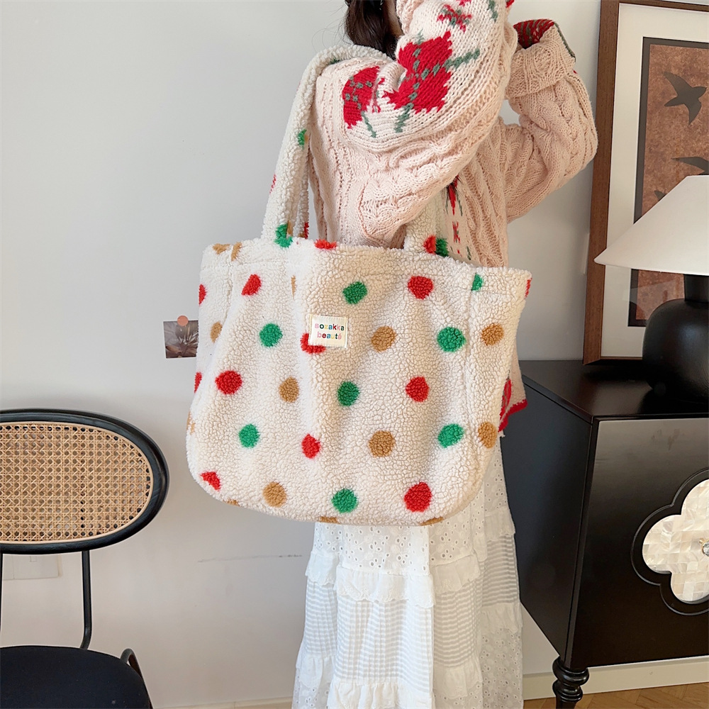 31231 Plush Bag for Women 2023 Winter New Style Colorful polka dot Handbag, Student schoolbag and tote bag full figure