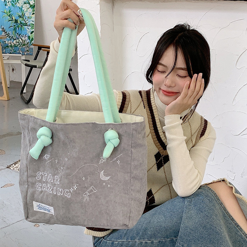 【 In Stock 】210283 Korean-style embroidered single-shoulder bag, Starry Sky and Moon tote bag, large capacity for students attending classes Specification drawing