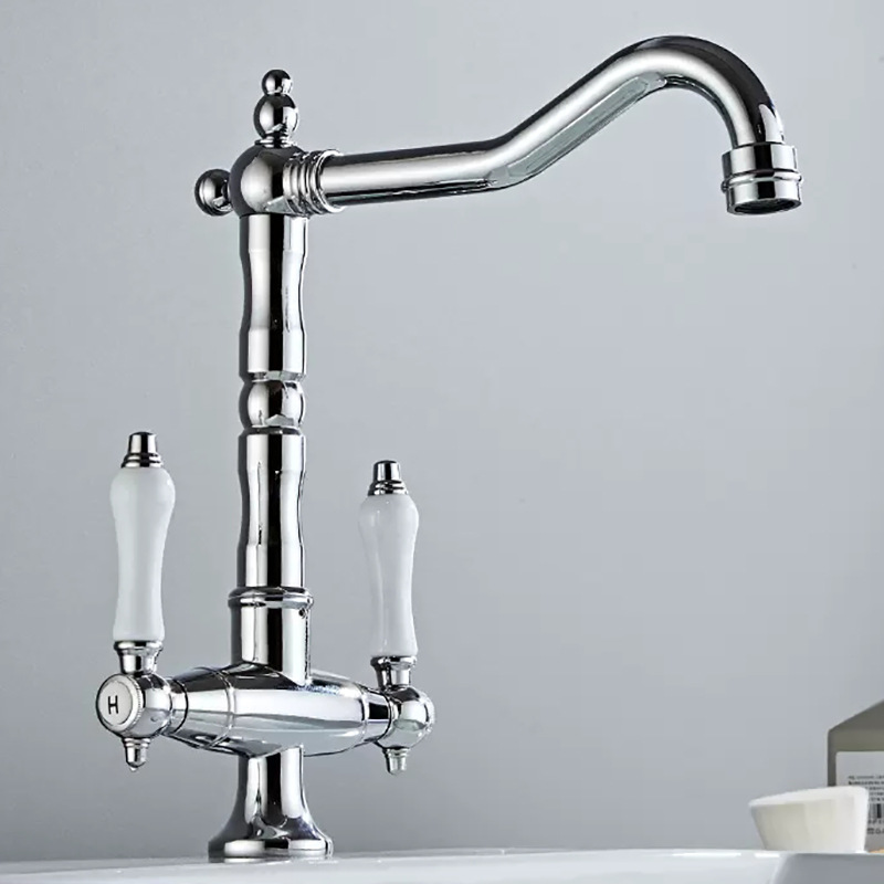 Cross-border retro and antique black cold and hot French faucet, washbasin, kitchen faucet, chrome-plated double handle faucet Specification drawing