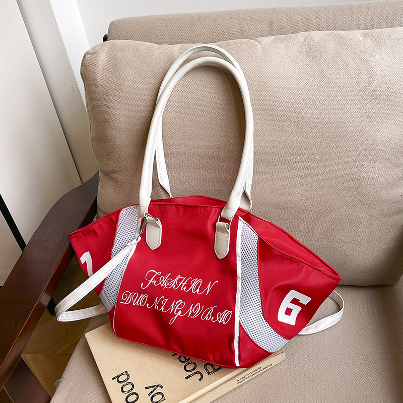 Korean niche design letter-embroidered tote bag, canvas single-shoulder handbag, large-capacity shopping bag, underarm women's bag full figure