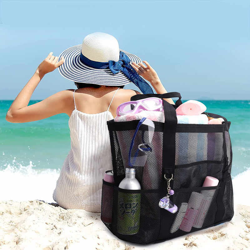 Beach bag, cross-border mesh beach bag, 8-pocket bathroom bag, toy storage bag, large-capacity mesh hollowed-out bag full figure