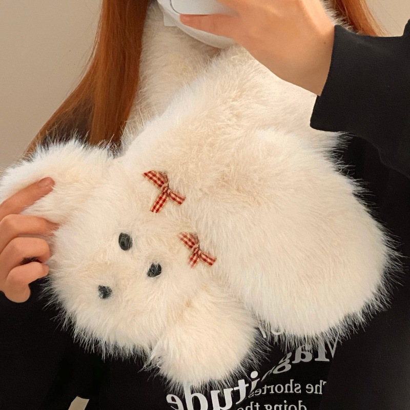 Bowknot puppy plush scarf for women, thick and warm neck scarf for autumn and winter, protecting the neck from wind and cold, cross neck collar for women Specification drawing