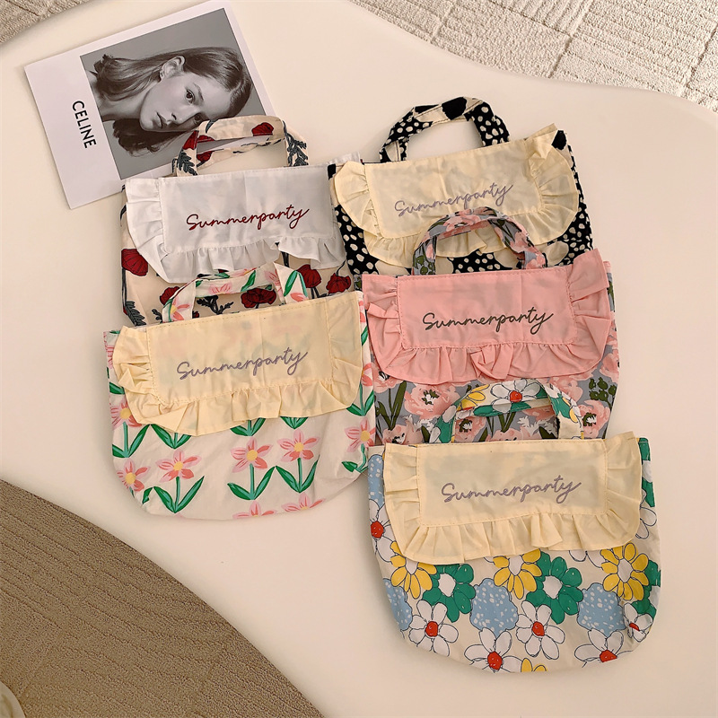3391 New sweet ruffled bento canvas bag, fresh embroidered handbag, student handbag for spring outing full figure