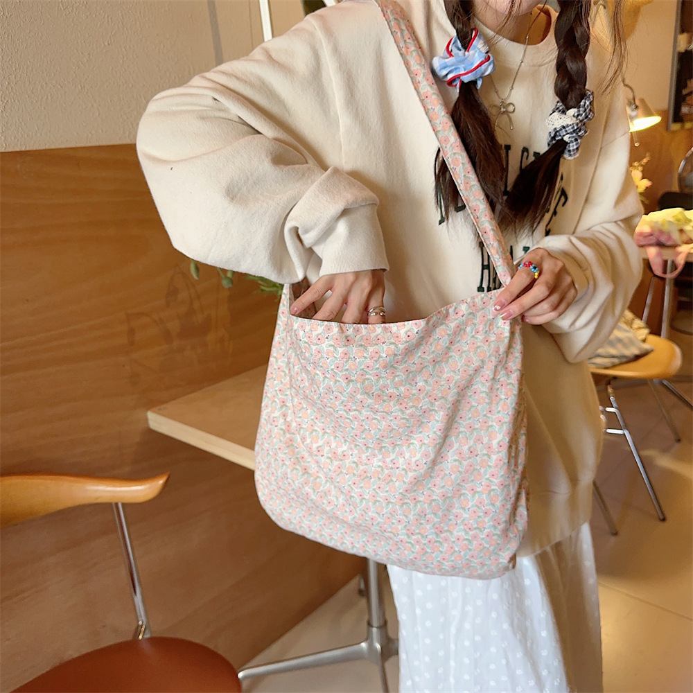 13165 Small floral canvas bag, women's large-capacity cloth bag, laid-back new student crossbody single-shoulder bag, tote bag Specification drawing