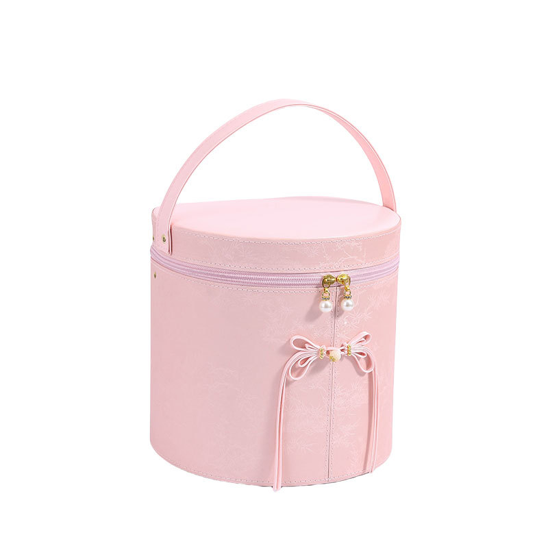High-end Chinese-style oval bucket makeup bag with mirror, wedding souvenir suitcase, portable and festive storage box Item Picture