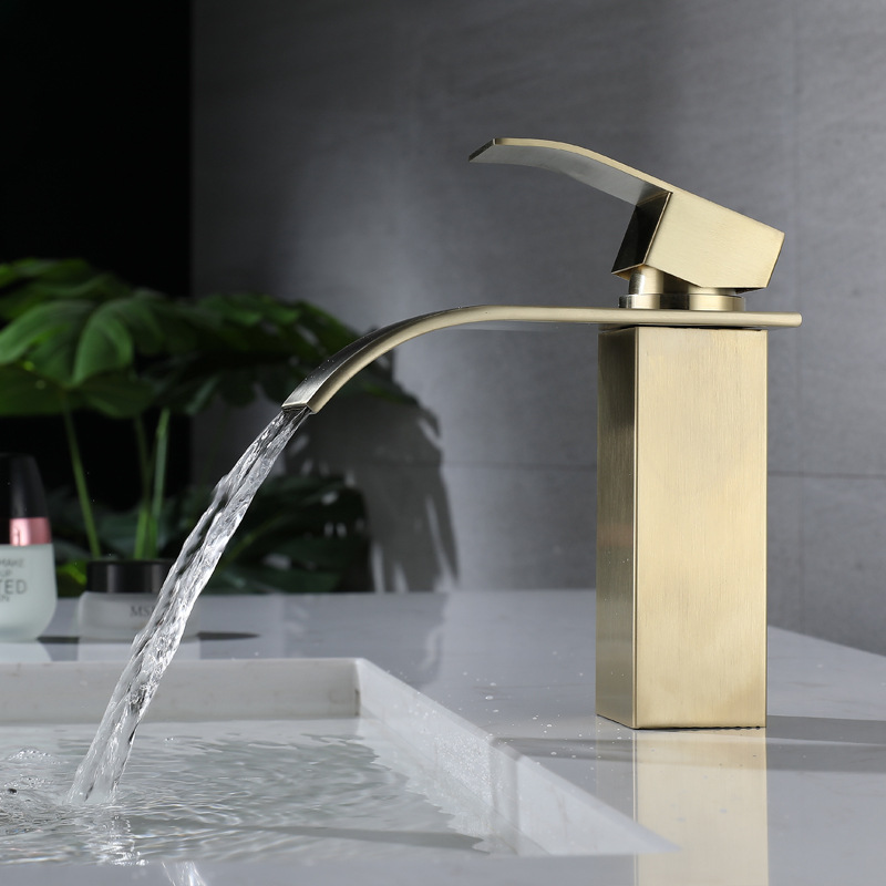 Cross-border 304 stainless steel golden waterfall washbasin faucet, cold and hot mixed water bathroom square basin faucet details Picture