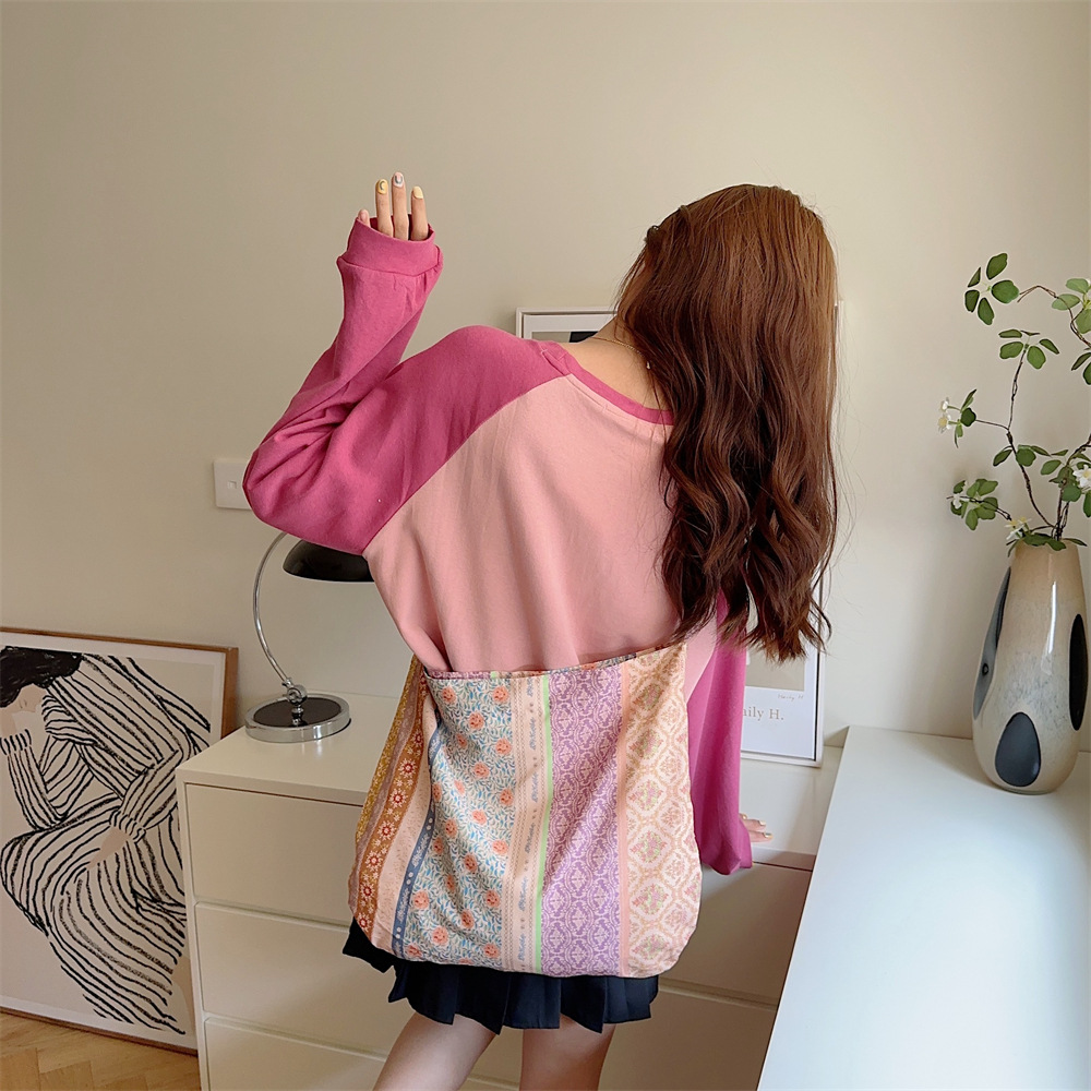 13165 Summer 2023 New Style floral Korean canvas crossbody bag, student retro hand-held large cloth bag, underarm bag Item Picture