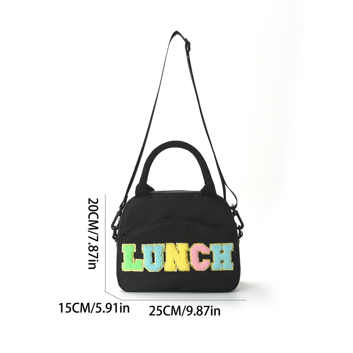 Amazon embroidered lunch bag, cross-border letter portable handbag, travel casual insulated bag, large capacity storage bag Specification drawing