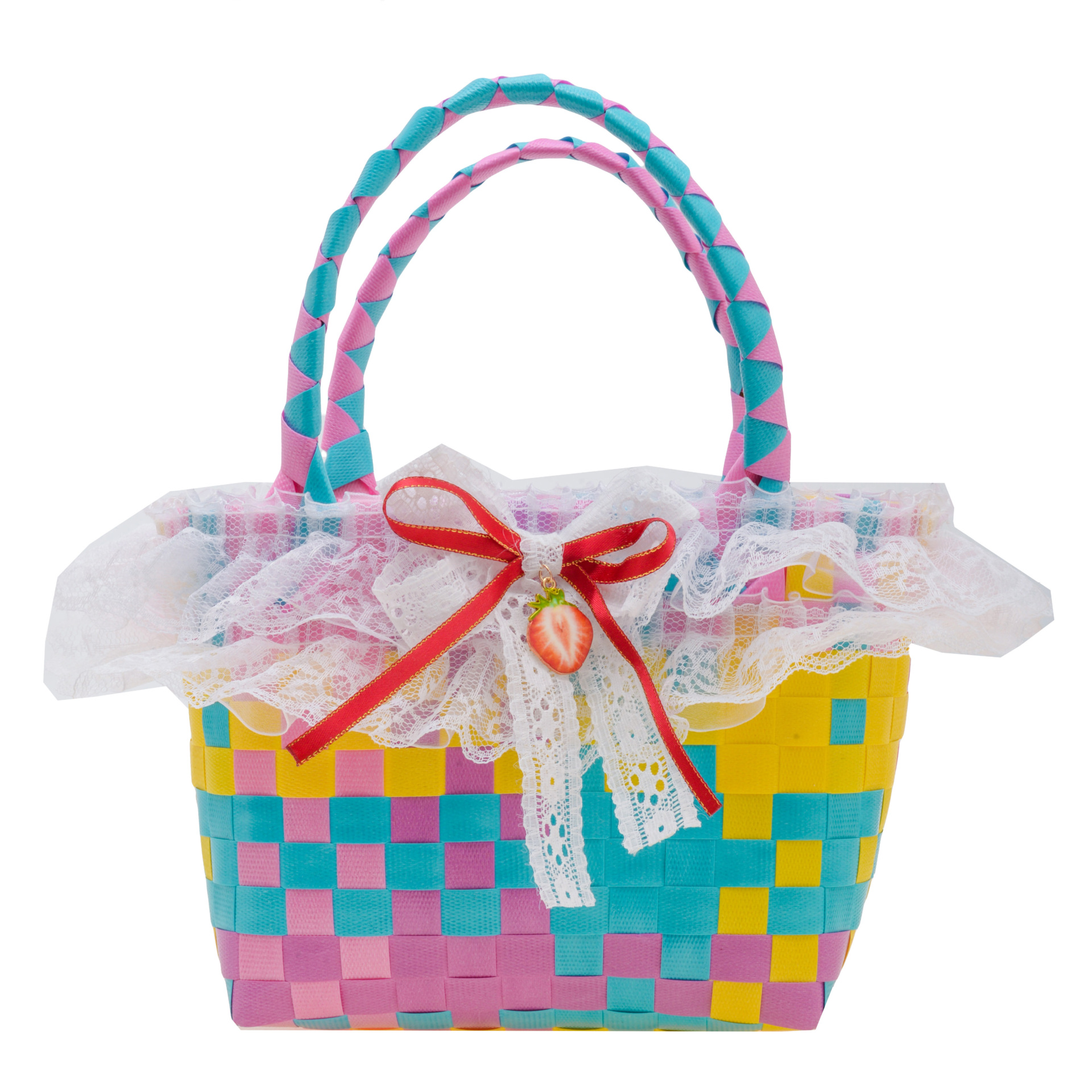 PVC girl's heart woven colorful checkered color-blocking bow lace fringed girl's candy-colored hand-held basket bag Specification drawing