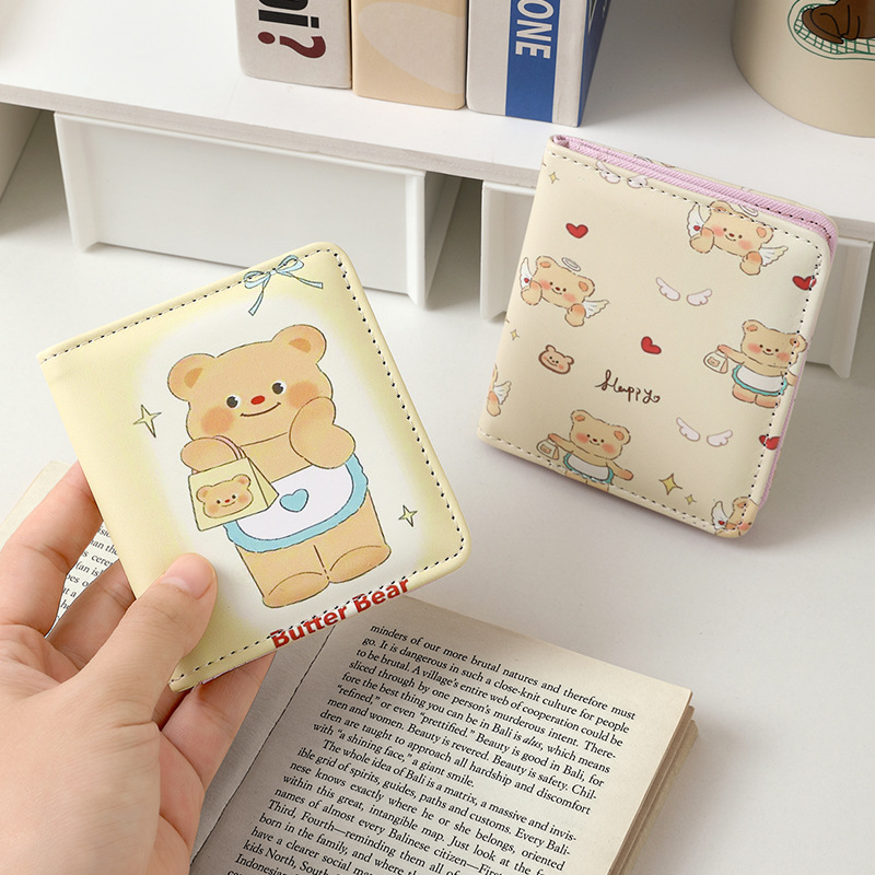 Cartoon cute little yellow bear folding wallet, multi-functional anti-demagnetization ID card bag, large-capacity three-fold wallet details Picture