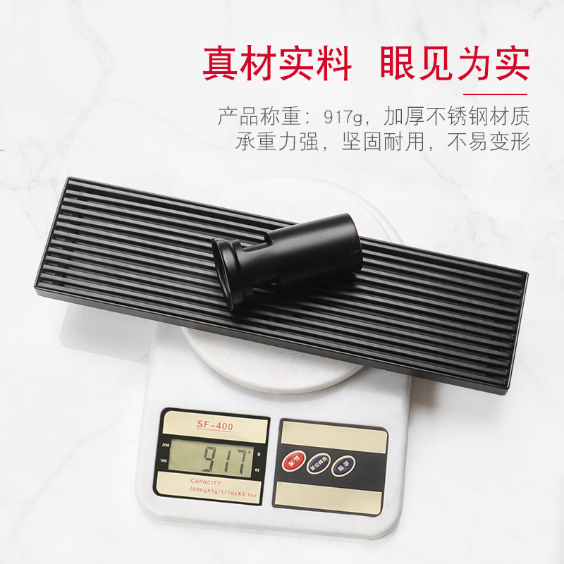 Stainless steel black floor drain, bathroom shower, anti-odor and anti-clogging, long strip shape, kitchen and bathroom, square inlaid tiles, washing machine Application Scenario