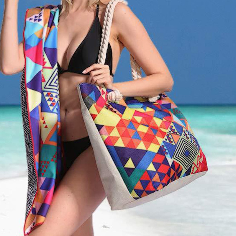 Cross-border Bohemian-style geometric large-capacity multi-functional hand-held shoulder bag, swimming storage bag, beach bag details Picture