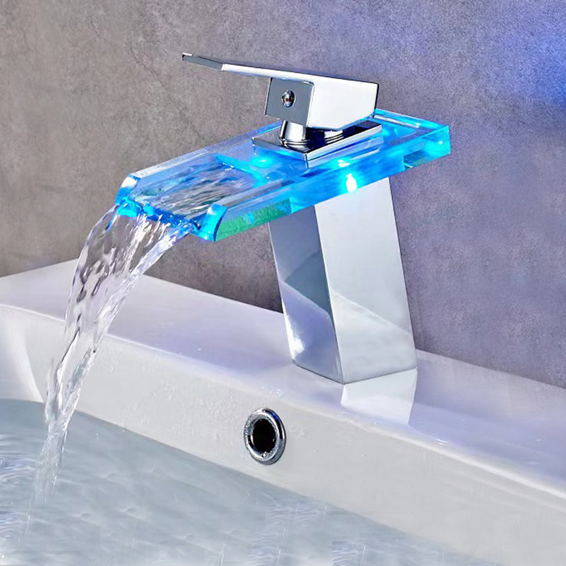 Ousha Pai Waterfall LED light faucet, stainless steel glass strip light faucet, waterfall LED light temperature-controlled washbasin faucet Specification drawing