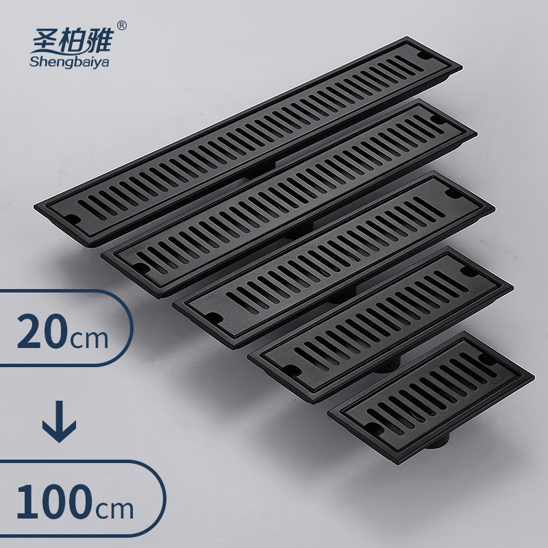 Thickened black stainless steel 304 long strip floor drain, kitchen rectangular floor drain, hotel shower room anti-odor floor drain full figure