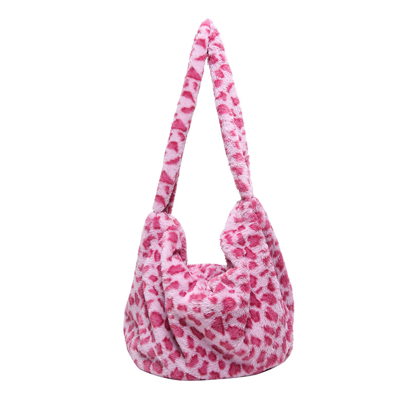 Autumn and winter plush single-shoulder bag, fashionable and cute, colorful leopard print underarm bag, casual large-capacity shopping bag for strolling Item Picture