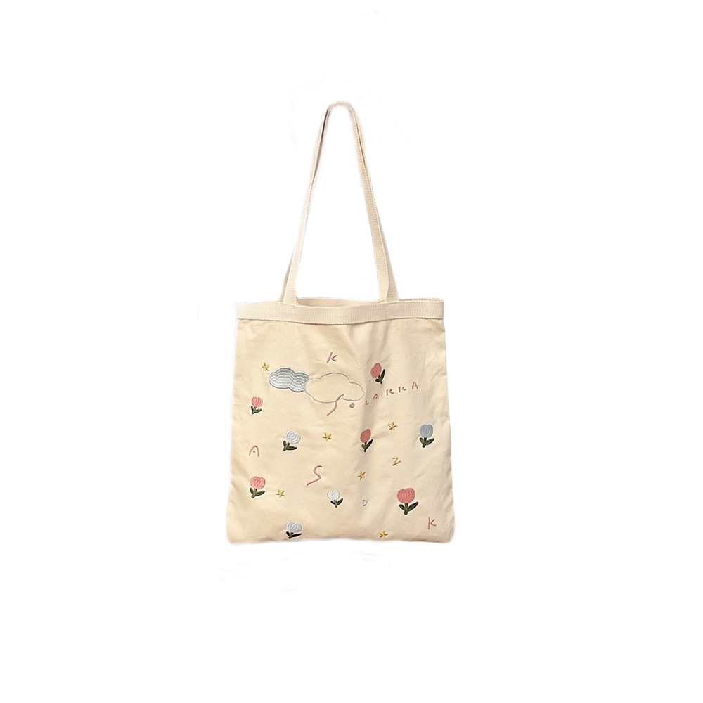 44282 Embroidered flower casual and laid-back style ins artistic hand-held single-shoulder bag, shopping bag, canvas bag, schoolbag Item Picture