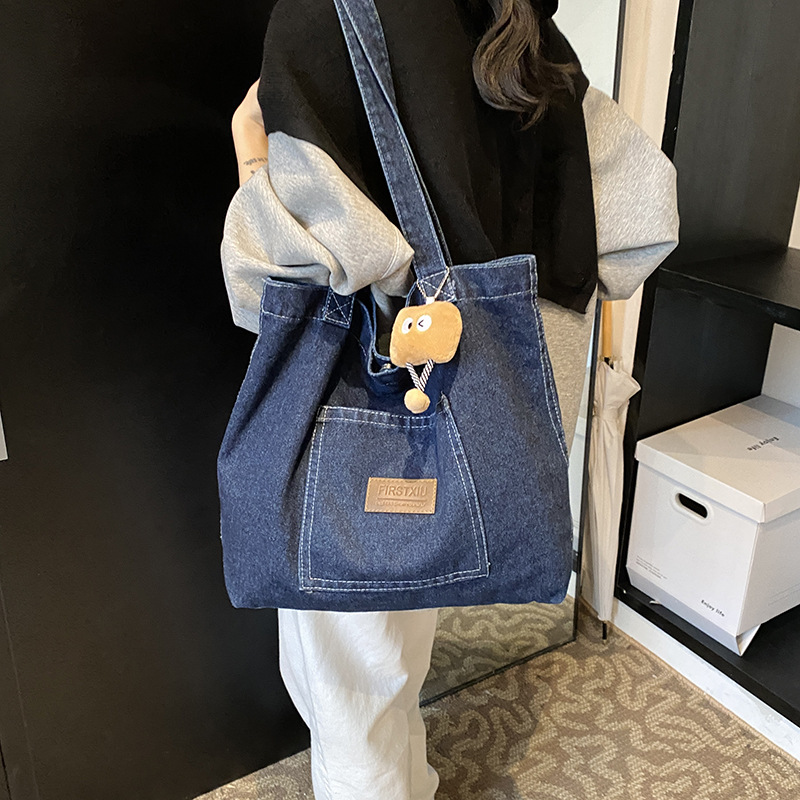 Denim canvas single-shoulder bag, women's large-capacity shopping bag, niche artistic tote bag, Japanese and Korean casual and versatile handbag Specification drawing