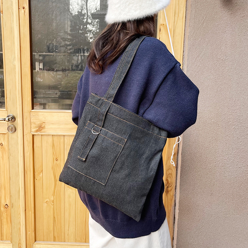 Cross-border retro denim bag, women's large-capacity single-shoulder hand-carry shopping bag, niche artistic casual and versatile tote bag details Picture