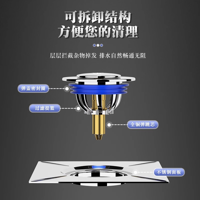 The bathroom floor drain is a universal press-type foot-operated floor drain with a bouncing core sealing cover for the sewer pipe to prevent odors Application Scenario