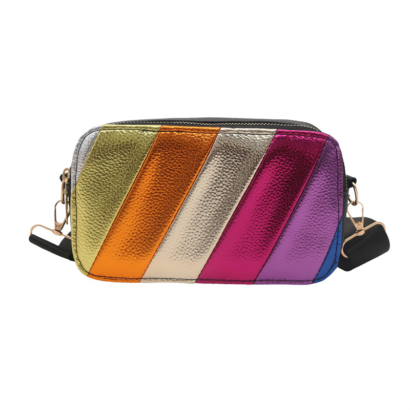 Twill Rainbow 2025 color-blocking Korean style fashion patchwork, stylish Twill striped single-shoulder crossbody small square bag for women Item Picture