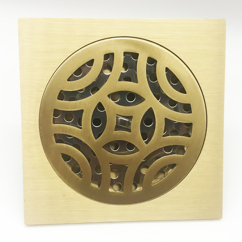 Brass anti-odor floor drain for shower and bathroom, golden square straight bar, thickened floor drain for washing machine, anti-odor device Item Picture