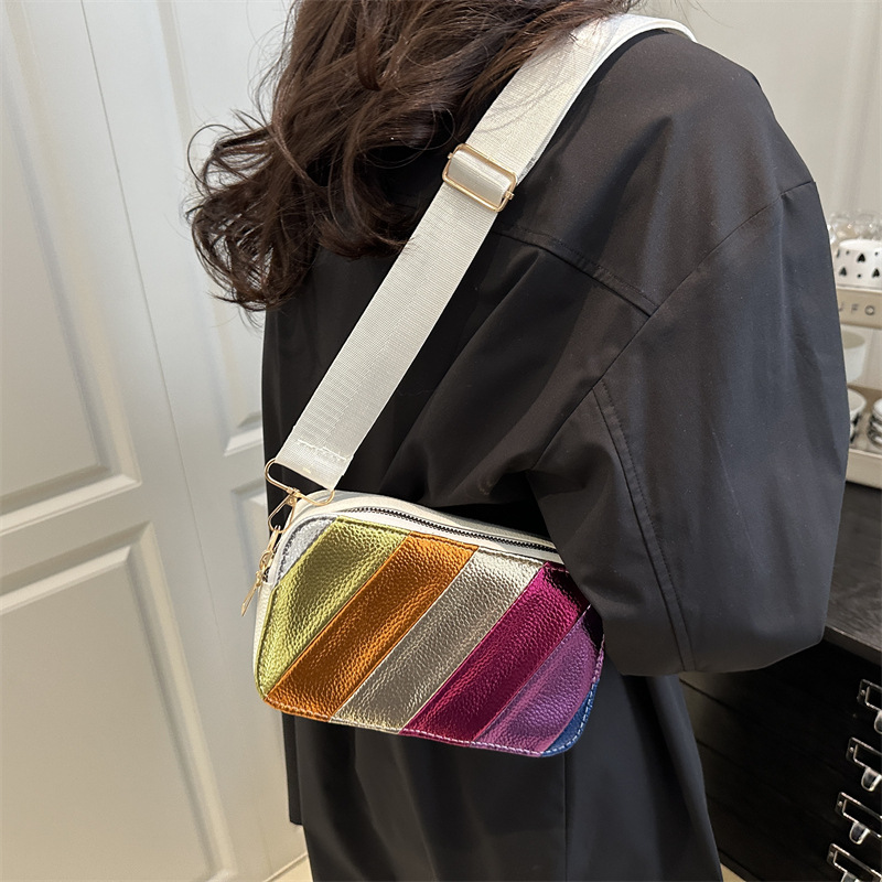 Twill Rainbow 2025 color-blocking Korean style fashion patchwork, stylish Twill striped single-shoulder crossbody small square bag for women Specification drawing
