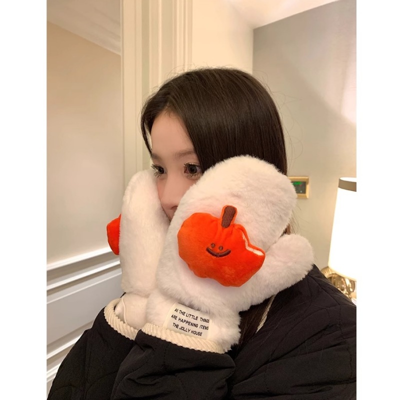 Outdoor anti-freezing and warm gloves, cute cartoon apple thickened plush mitten gloves, suitable for women to wear around the neck while cycling details Picture