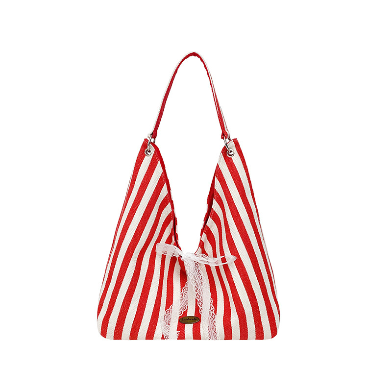 Striped double-sided single-shoulder bag, new summer cute printed letter canvas bag, large capacity simple letter commuting bag Item Picture
